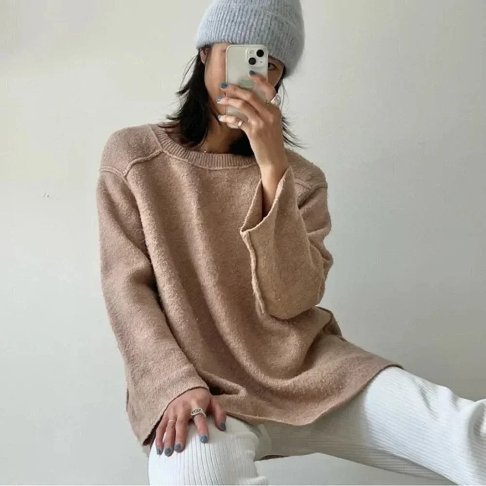 Zara  Knit Exposed Seam Oversized Jumper Sweater Tan Beige Sz Small